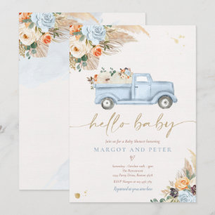 Boho Pumpkin Pickup Truck Blue Boy Baby Shower Invitation