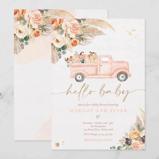 Boho Pumpkin Pickup Truck Peach Girl Baby Shower Invitation (Front/Back)