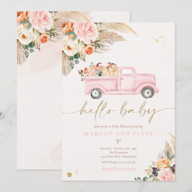Boho Pumpkin Pickup Truck Pink Girl Baby Shower Invitation (Front/Back)