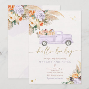 Boho Pumpkin Pickup Truck Purple Girl Baby Shower Invitation