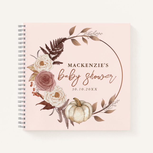 Boho Pumpkin Pink Girl Baby Shower Guestbook Notebook (Front)