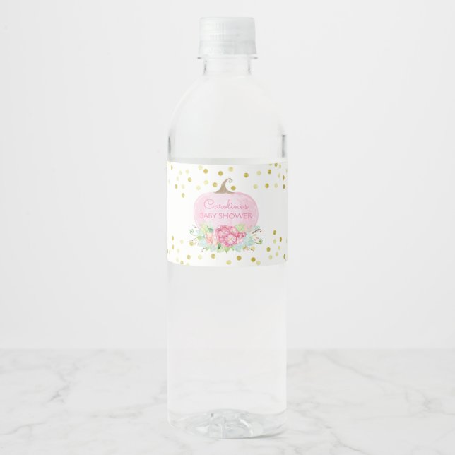 Boho Pumpkin Pink & Gold Baby Shower Water Bottle Label (Front)