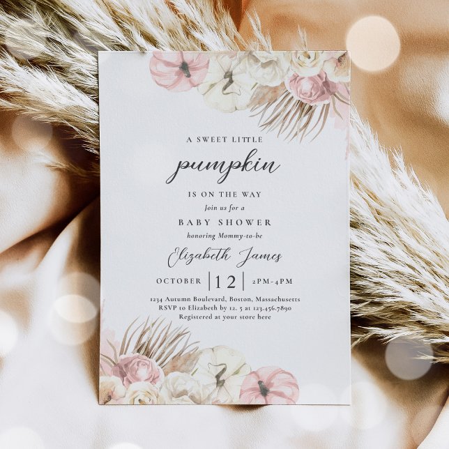 Boho Pumpkin Pink Pampas Grass Girl Baby Shower Invitation (Creator Uploaded)