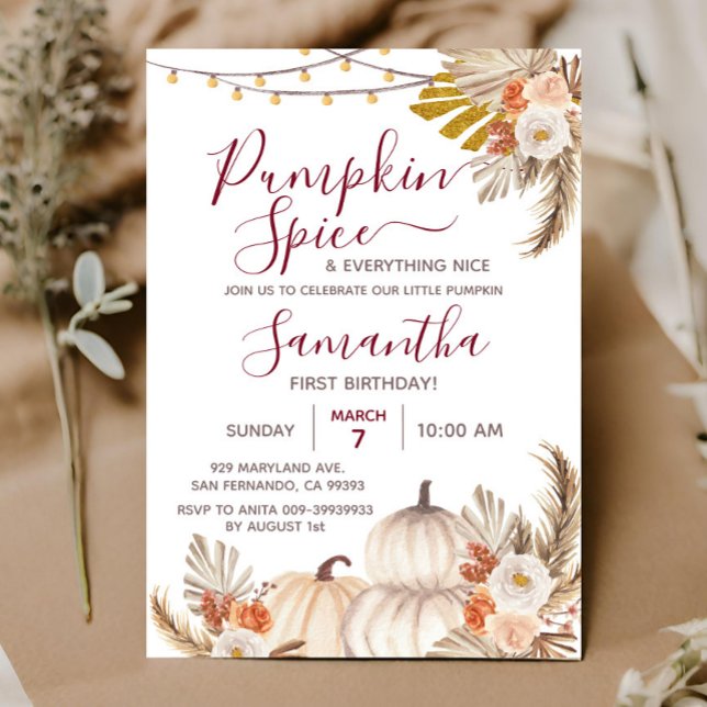 Boho Pumpkin Spice & Everything Nice 1st Birthday Invitation (Creator Uploaded)
