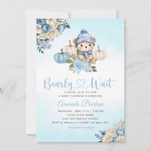 Boho Pumpkin Teddy Bear Blue Boy Bear Baby Shower Invitation