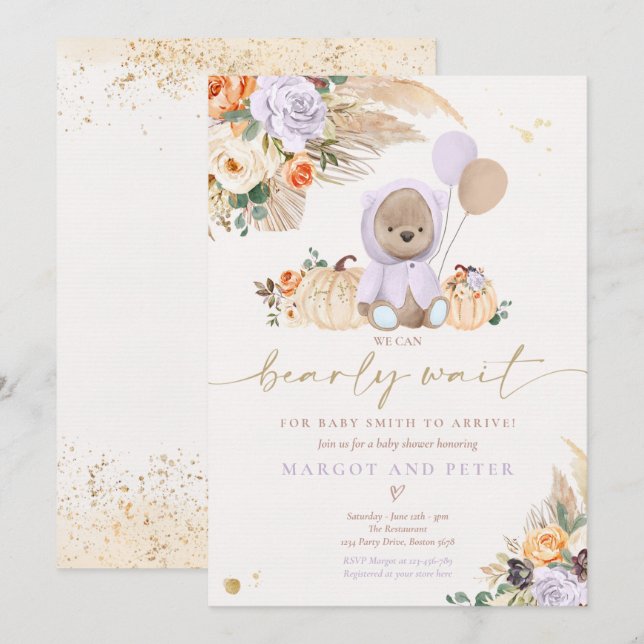 Boho Pumpkin Teddy Bear Lilac Bear Baby Shower Invitation (Front/Back)