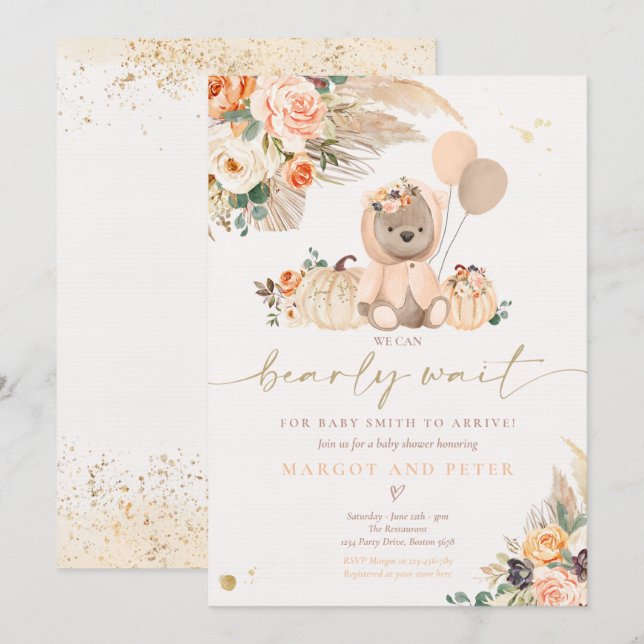 Boho Pumpkin Teddy Bear Peach Girl Baby Shower Invitation (Front/Back)