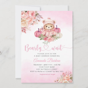Boho Pumpkin Teddy Bear Pink Girl Bear Baby Shower Invitation