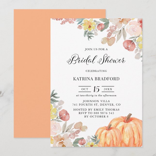 Boho Pumpkins Botanical Fall Bridal Shower Invitation (Front/Back)