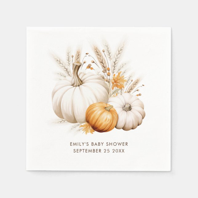 Boho Pumpkins Grasses Name Date Baby Shower Napkin (Front)