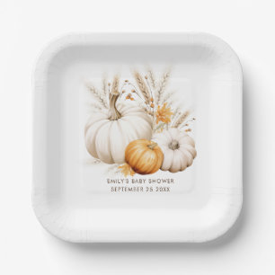 Boho Pumpkins Pampas Grasses Name Date Baby Shower Paper Plate