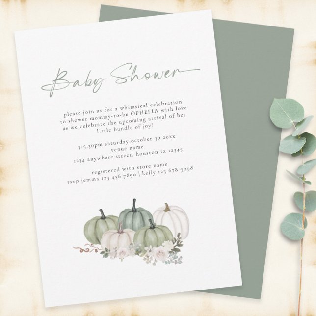Boho Pumpkins Sage Green Baby Shower Invitation (Creator Uploaded)