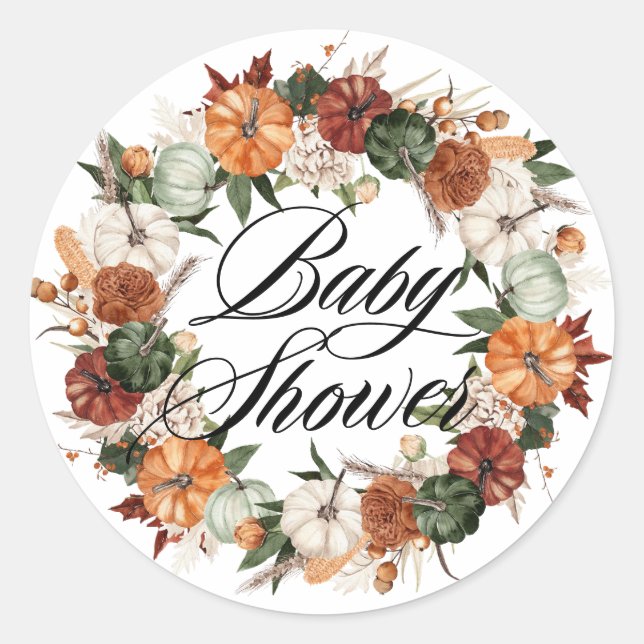Boho Pumpkins Wreath Autumn Baby Shower Classic Round Sticker (Front)