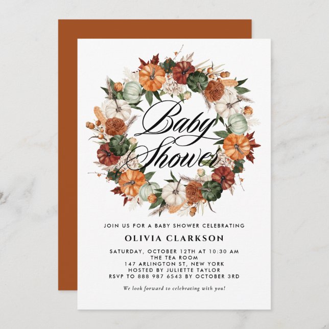 Boho Pumpkins Wreath Autumn Baby Shower Invitation (Front/Back)