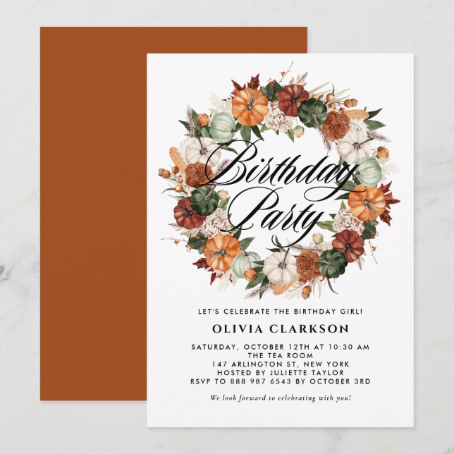 Boho Pumpkins Wreath Autumn Birthday Party Invitation (Front/Back)