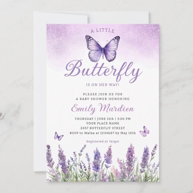 Boho Purple A Little Butterfly Girl Baby Shower  Invitation (Front)
