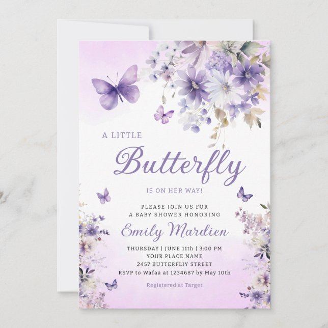 Boho Purple A Little Butterfly Girl Baby Shower  Invitation (Front)