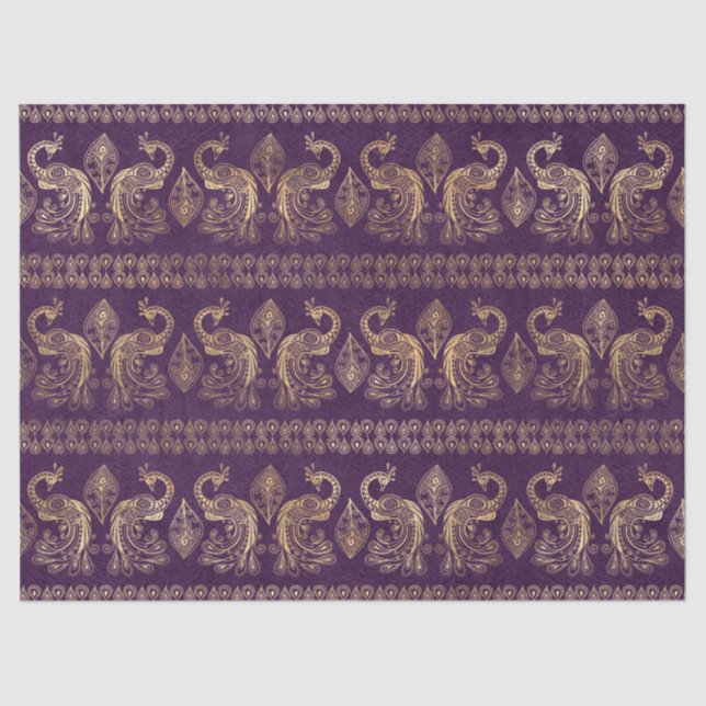 Boho Purple and Gold Peacock Decoupage Tissue Paper (Front)