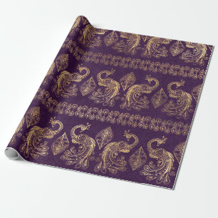 Boho Purple and Gold Peacock Wrapping Paper