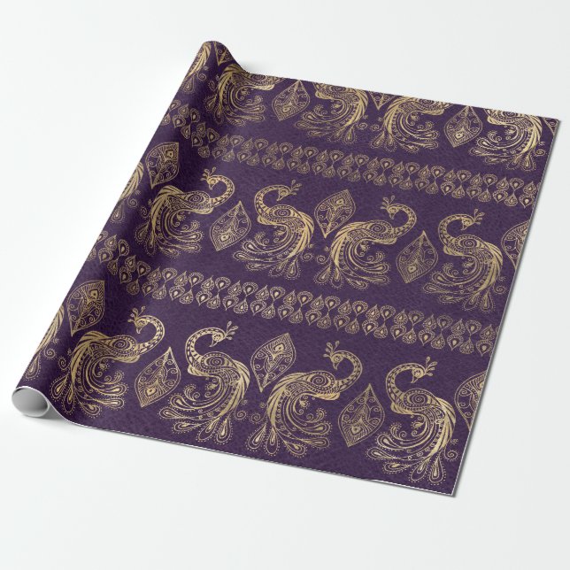 Boho Purple and Gold Peacock Wrapping Paper (Unrolled)