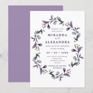 Boho purple and green floral Spring wedding Invitation