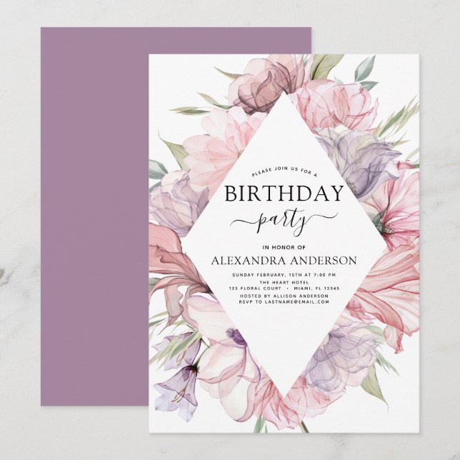 Boho Purple Any Age Birthday Floral Invitation (Front/Back)