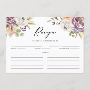 Boho Purple Autumn Flowers Bridal Shower Recipe Enclosure Card