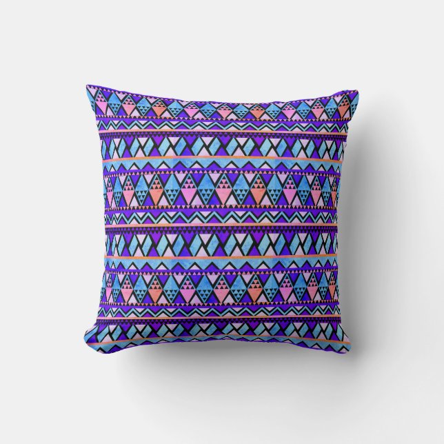 Boho Purple Blue Aqua Pink Triangle Pattern Cushion (Front)