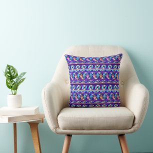 Boho Purple Blue Aqua Pink Triangle Pattern Throw Cushion