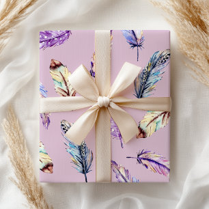Boho Purple Blue Pink Feather Wrapping Paper