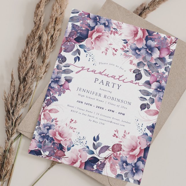 Boho Purple Botanical Garden Floral Graduation  Invitation (Boho Purple Botanical Garden Floral Graduation Invitation)