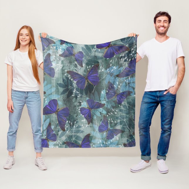 Boho Purple Butterfly & Cyan Botanical Original Fleece Blanket (In Situ)