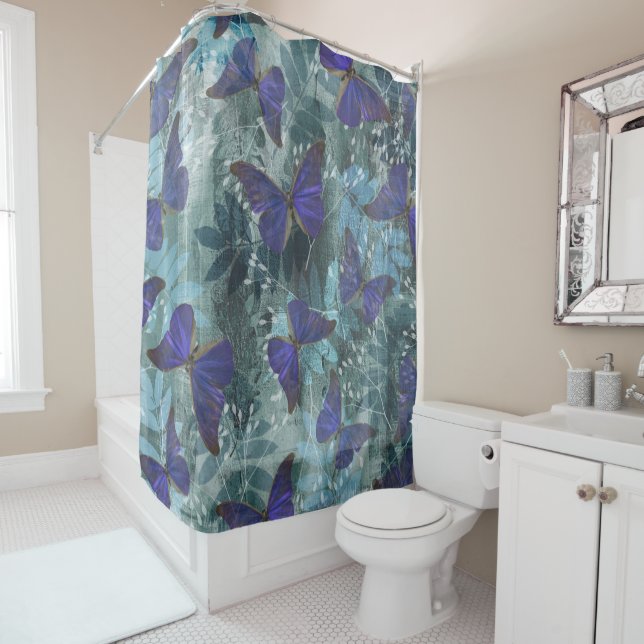 Boho Purple Butterfly & Cyan Botanical Original Shower Curtain (In Situ)