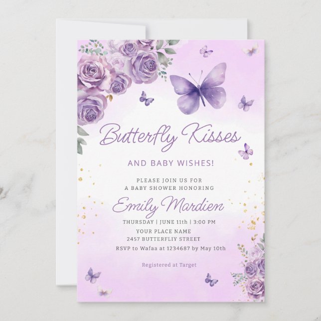Boho Purple Butterfly Floral Baby Girl Baby Shower Invitation (Front)