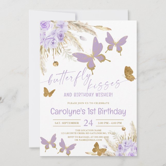 Boho Purple Butterfly Kisses and Birthday Wishes Invitation (Front)