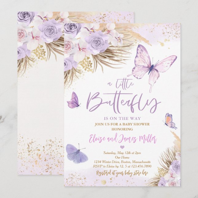 Boho Purple Butterfly Pampas Grass Baby Shower  Invitation (Front/Back)