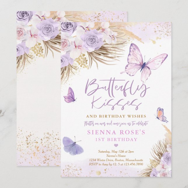 Boho Purple Butterfly Pampas Grass Birthday Party Invitation (Front/Back)