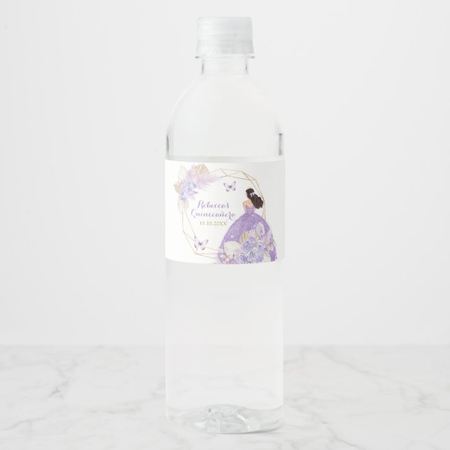 Boho Purple Butterfly Princesa Quinceañera Water Bottle Label (Front)