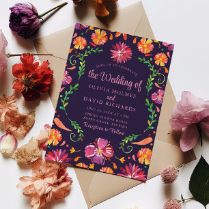 Boho Purple Colourful Mexican Floral Fiesta Weddin Invitation