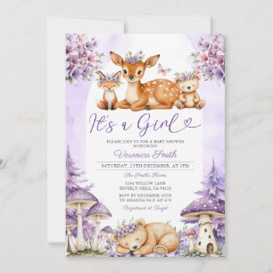 Boho Purple Deer Woodland Girl Baby Shower Floral Invitation