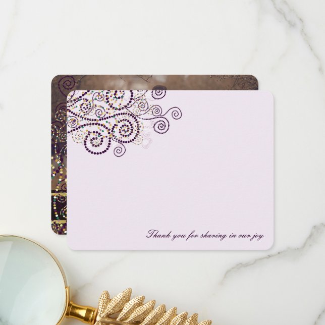 Boho Purple Dots Spirals Elegant Photo Wedding  Thank You Card (Front/Back In Situ)