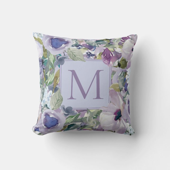 Boho Purple Dusty Blue Watercolor Floral Monogram Cushion (Front)