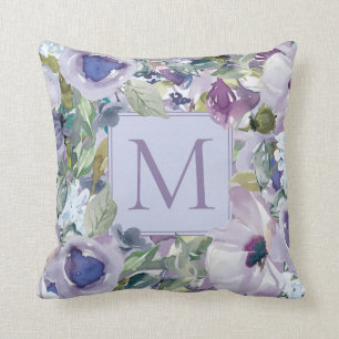 Boho Purple Dusty Blue Watercolor Floral Monogram Cushion