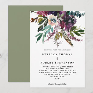 boho purple feather floral wildfllower wedding invitation