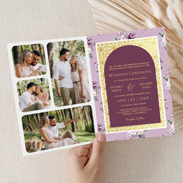 Boho Purple Floral All in One Gold Indian Wedding Invitation (Creator Uploaded)
