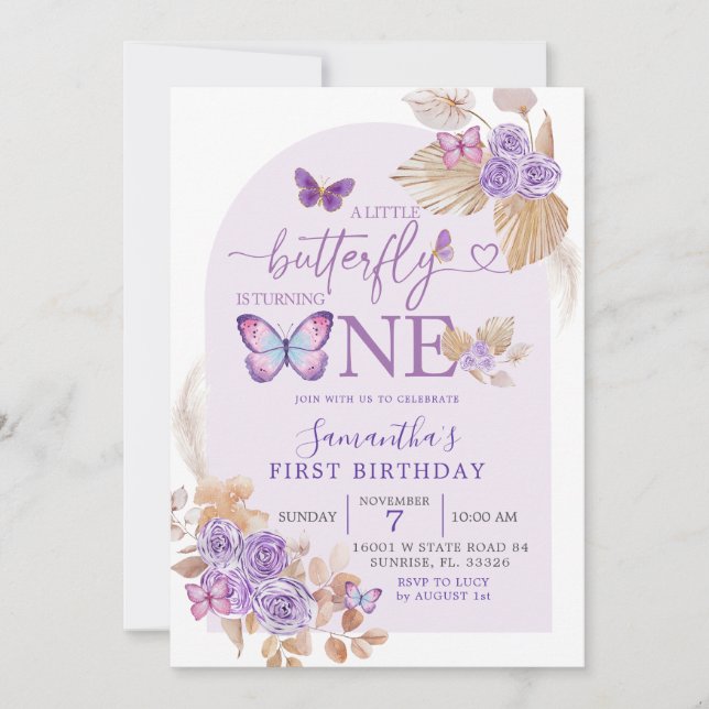 Boho Purple Floral and Butterfly Arch Birthday Invitation (Front)