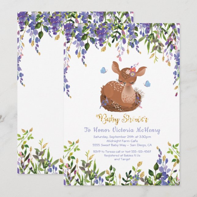Boho Purple Floral Baby Deer Shower Invitation (Front/Back)