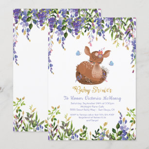 Boho Purple Floral Baby Deer Shower Invitation