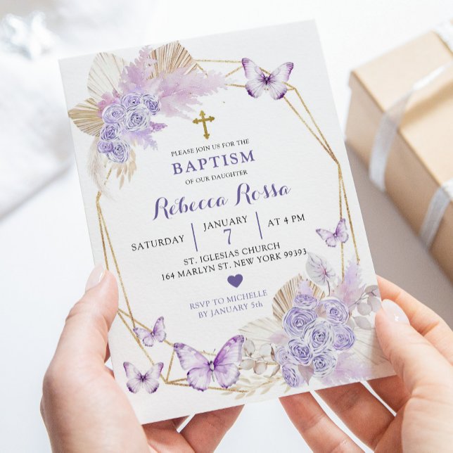 Boho Purple Floral Butterfly Baptism Invitation (Creator Uploaded)