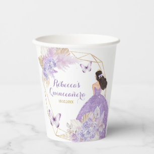 Boho Purple Floral Butterfly Princesa Quinceañera Paper Cups